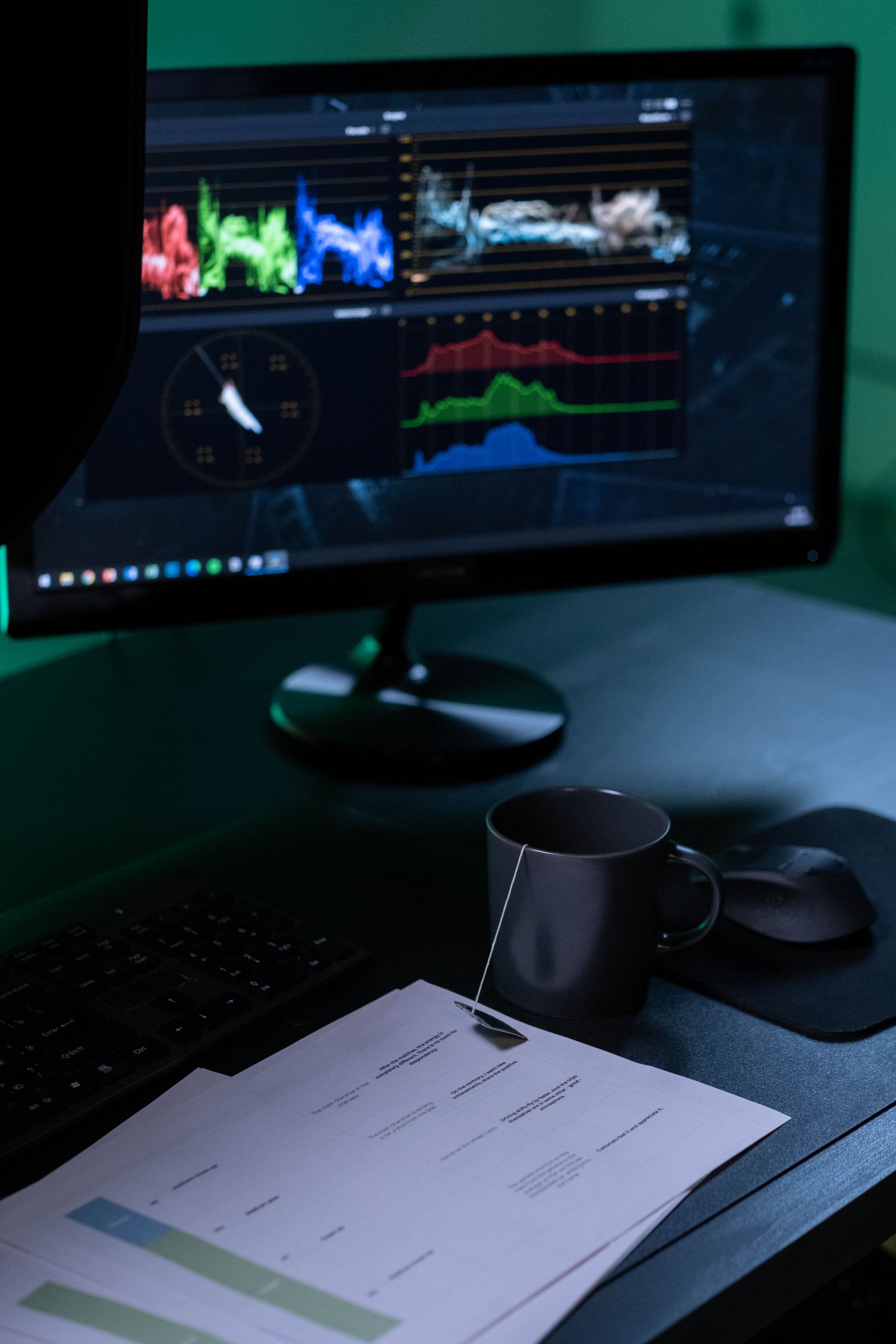 Monitor com gráficos de ondas coloridas, caneca, teclado, mouse e papéis sobre uma mesa escura.